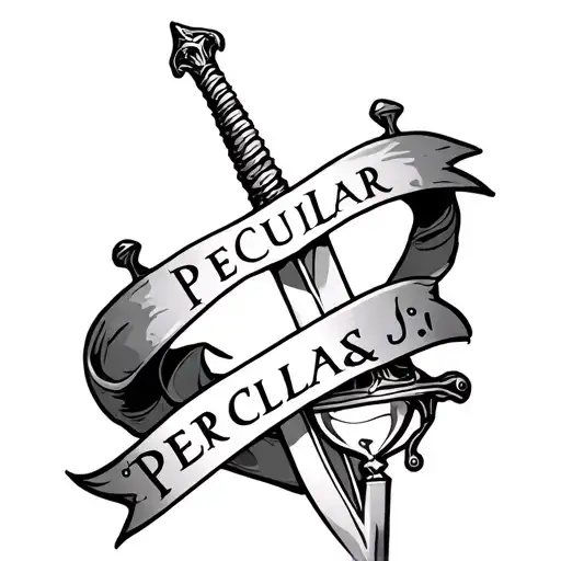 create a sketch of a spine tattoo of a sword and an hourglass with a banner wrapping around it that says peculiar tattoo design idea