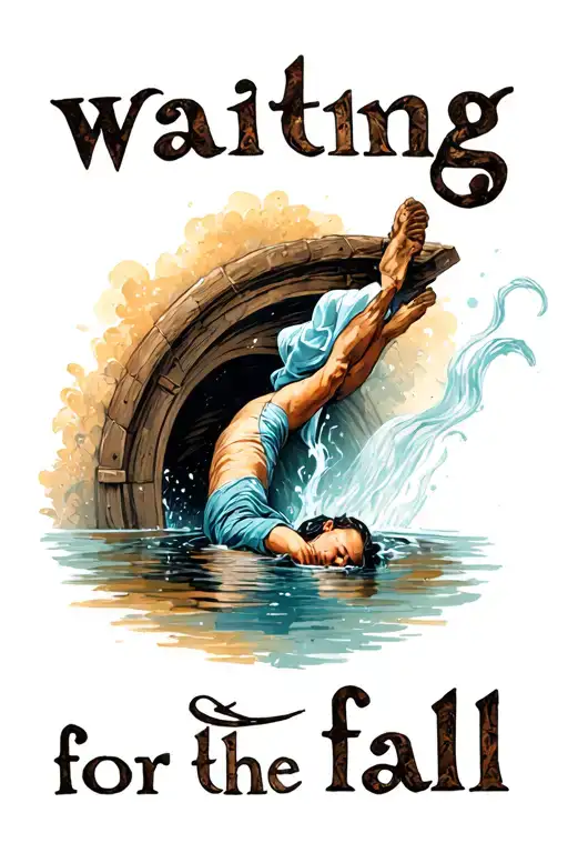 The text "waiting for the fall" image from a high angle of someone falling down a well tattoo design idea