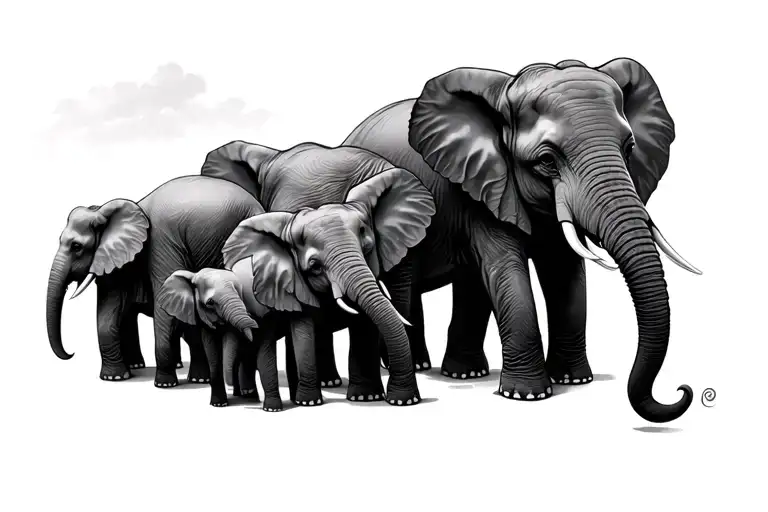 family of 5 elephants holding tails tattoo design idea