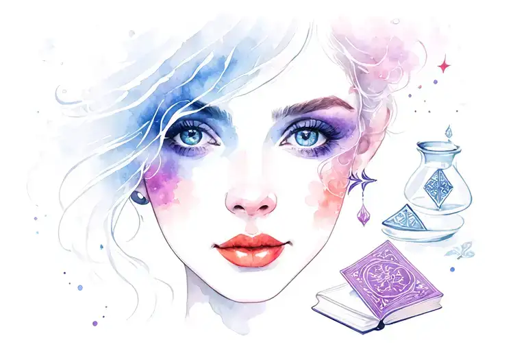 woman's face, with magic potions, enchanted books and cards tattoo design idea