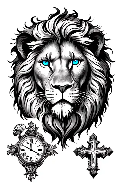 integration of three designs. lion with blue eyes, cross of Jesus and clock. full arm tattoo tattoo design idea