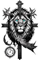 integration of three designs. lion with blue eyes, cross of Jesus and clock. full arm tattoo tattoo design idea