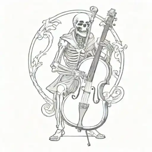 Skeleton in a floor length black cloak playing an upright bass with a bow tattoo design idea
