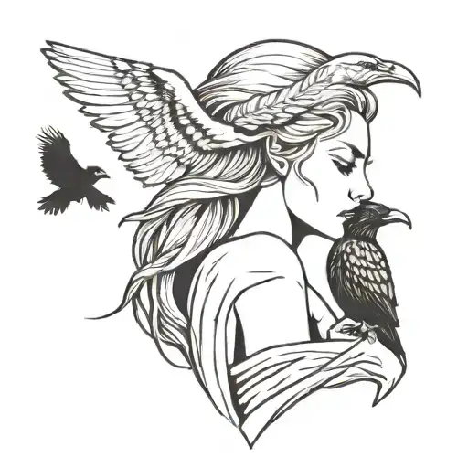 Lilith with a raven perched on her shoulder and a snake wrapped around her arm loosly tattoo design idea