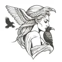 Lilith with a raven perched on her shoulder and a snake wrapped around her arm loosly tattoo design idea