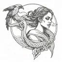 Lilith with a raven perched on her shoulder and a snake wrapped around her arm loosly tattoo design idea