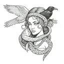 Lilith with a raven perched on her shoulder and a snake wrapped around her arm loosly tattoo design idea