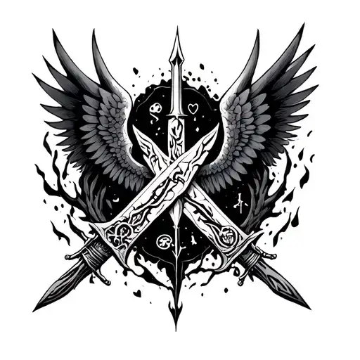 thorfinns daggers with runes, with crumbling wings on both sides surrounded by shadows with Japanese love tattoo design idea