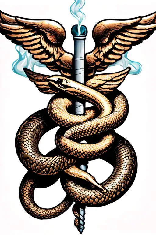 Caduceus symbol with realistic snakes that wrap around a joint and smoke a joint. tattoo design idea