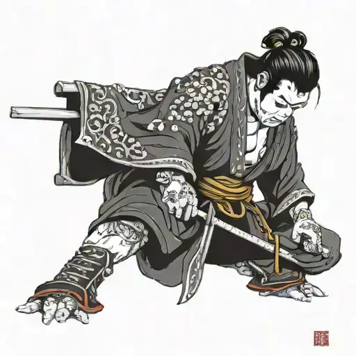 samurai kneeling praying tattoo design idea