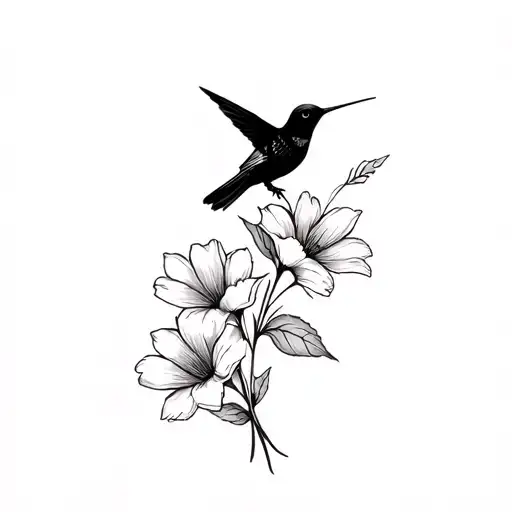 small black hummingbird over flower cryberrelism Cosmo flowers  tattoo design idea