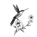 small black hummingbird over flower cryberrelism Cosmo flowers  tattoo design idea