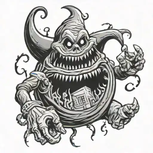 Oogie boogie horror with worms coming out of him and lock, shock, and barrel tattoo design idea
