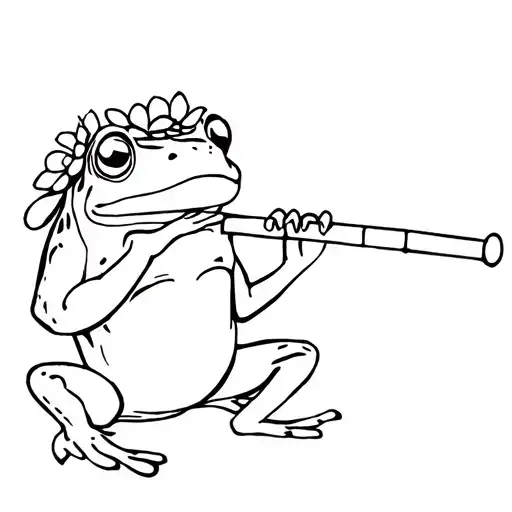 frog (simple, black and white) with a flower crown, playing flute (side flute, more details) tattoo design idea