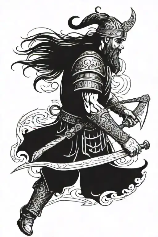 A lone warrior with an axe or sword in his hand in full growth in profile of Slavic nationality in a fluttering Slavic ode tattoo design idea