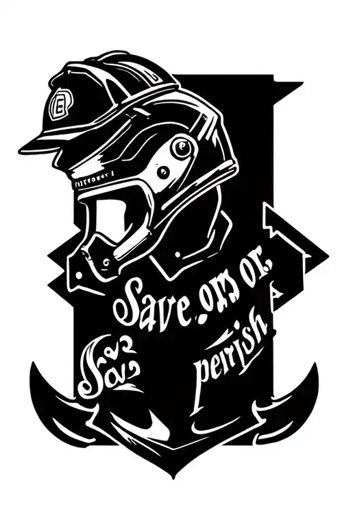 Tattoo of an anchor engraved "Save or perish" with a fire helmet and a motocross helmet tattoo design idea