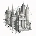 A financial graph intertwined with architectural buildings tattoo design idea