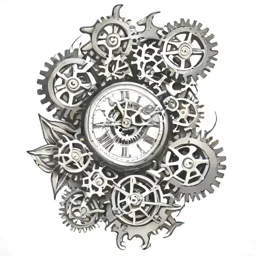 broken clock with gears tattoo design idea