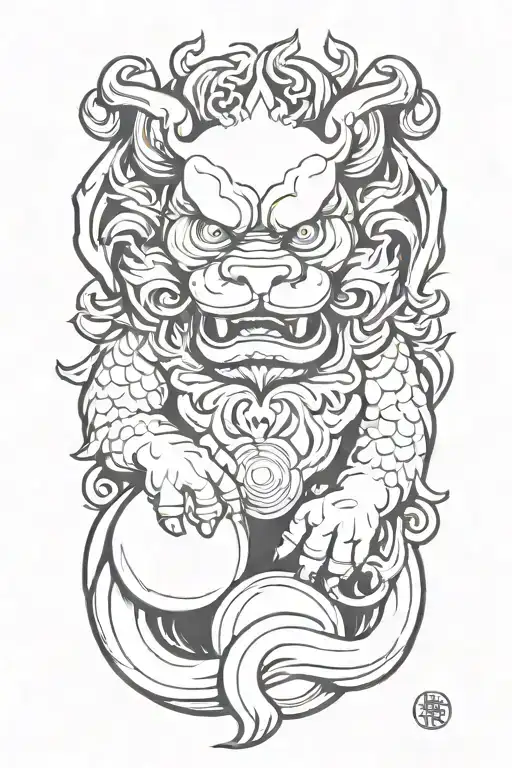 Foo dog holding orb tattoo design idea