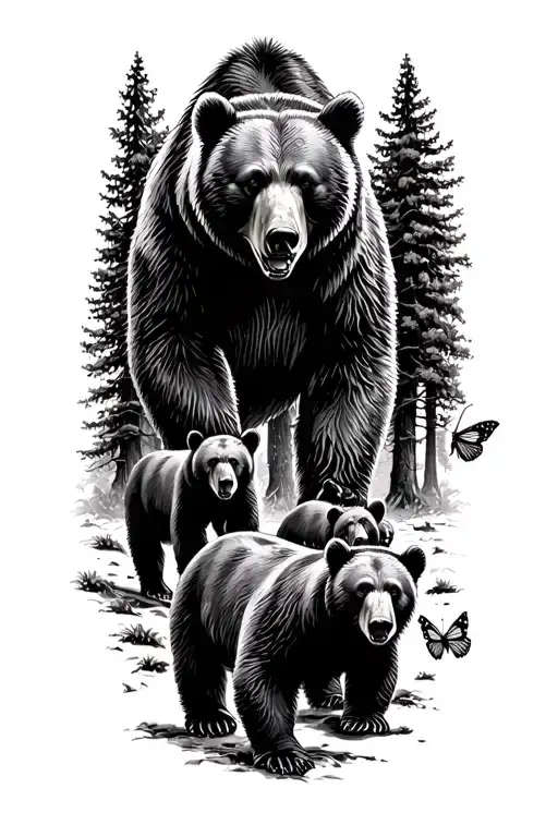 Papa bear and 3 black bear cubs and 2 monarch butterfly walking in the wilderness trees tattoo design idea