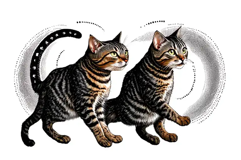 Bengal cats run around human legs creating magic circles tattoo design idea