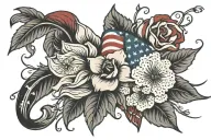 flowers and American flag intertwined tattoo design idea