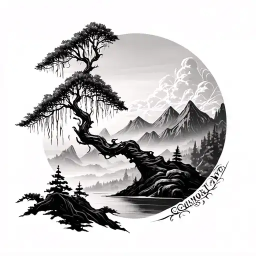 men's sleeve with a weeping willow tree and filigree style and mountain scape tattoo design idea