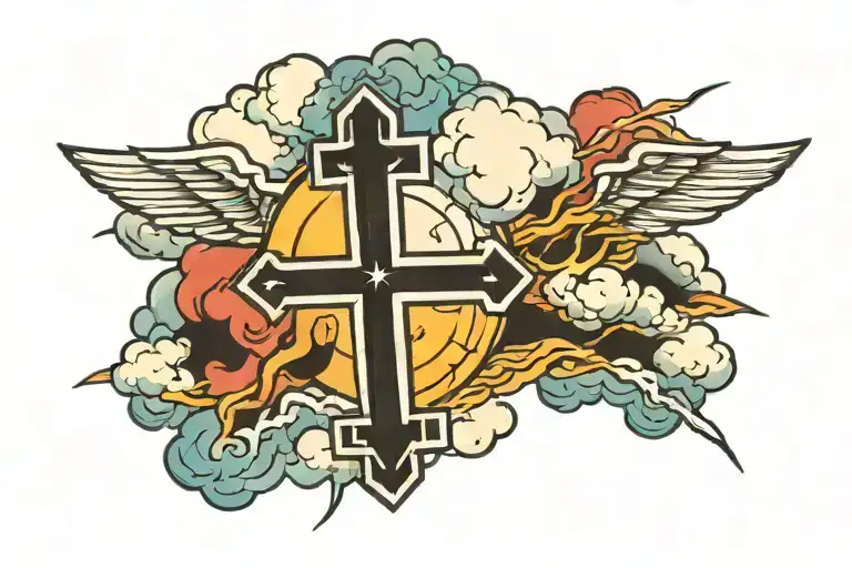 cross clouds lightning tattoo design idea