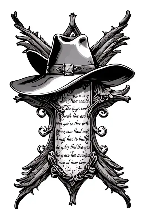 cross with cowboy hat and bible verse tattoo design idea