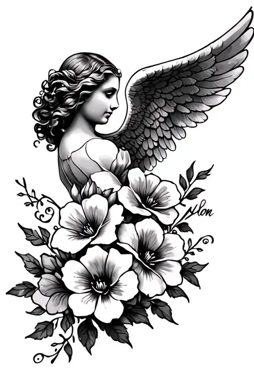 angel wing, flowers, memorial for mom tattoo tattoo design idea