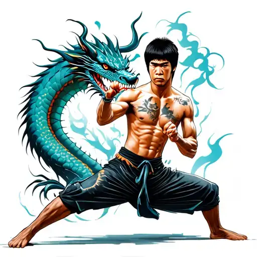 Bruce Lee in fighting stance with scratches and dragon behind him  tattoo design idea