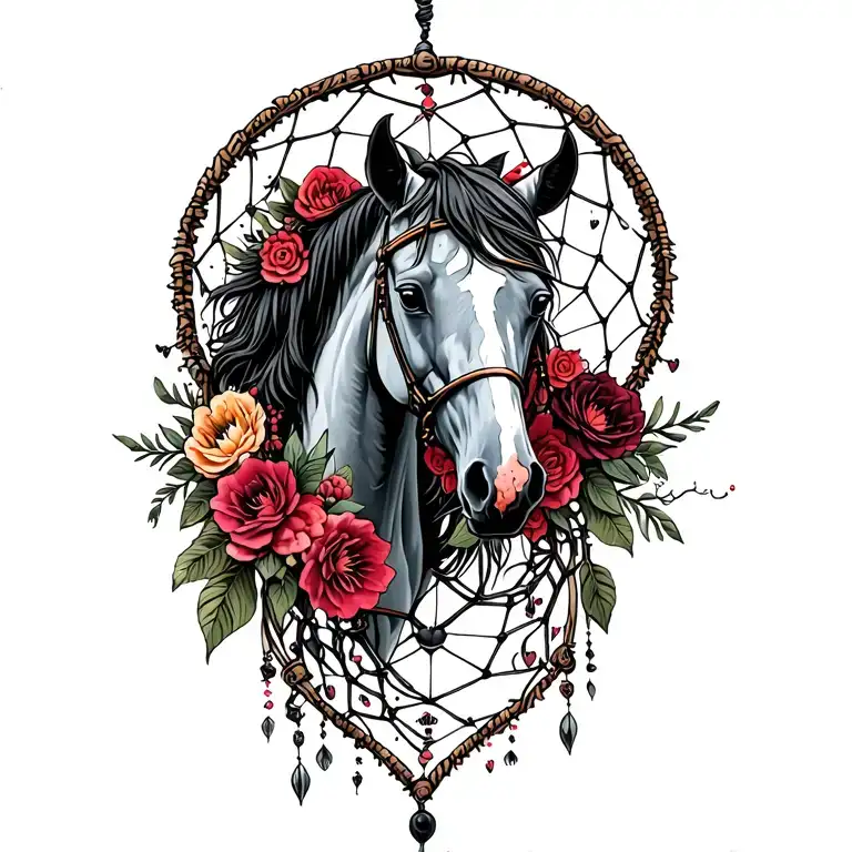 horse dream catcher entangled hearts and flowers tattoo design idea