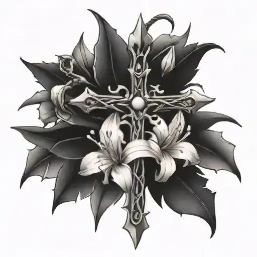 a cross with thorns and lily flowers growing  tattoo design idea