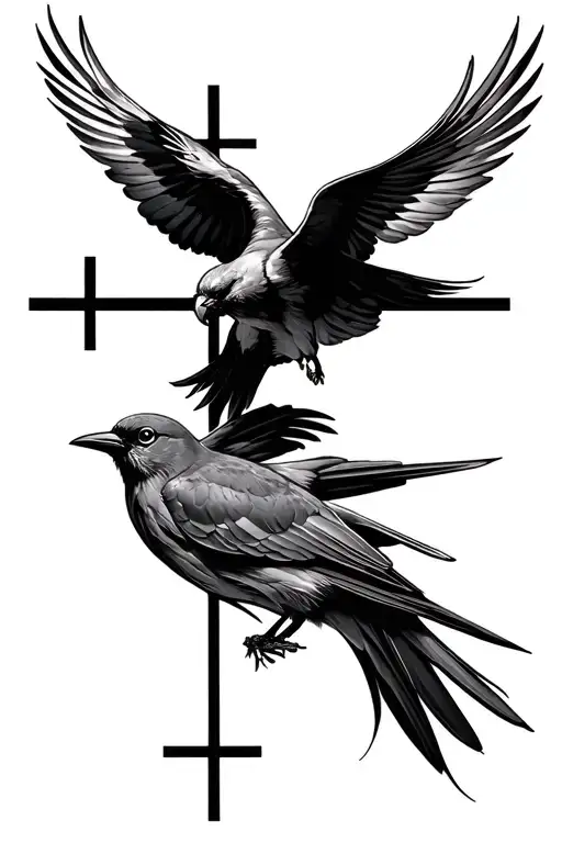 You will harvest what you plant. You will get out what you put in. (Galatians 6:6-8) Birds, haze, god, cross, aggresive tattoo design idea