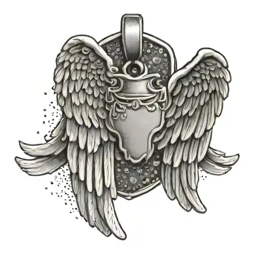 A military dog tag with angel wings, symbolizing the client's military background and love for angels tattoo design idea