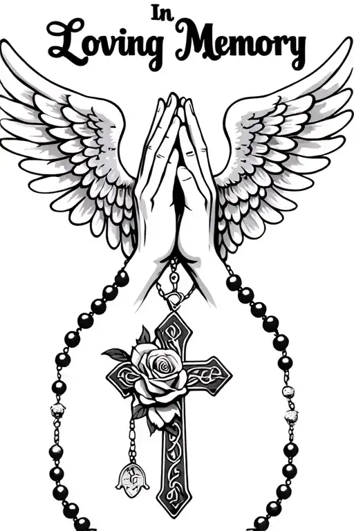 "In Loving Memory" Praying Hands, Rosary beads intertwined with cross, Wings, Realism, Rose tattoo design idea