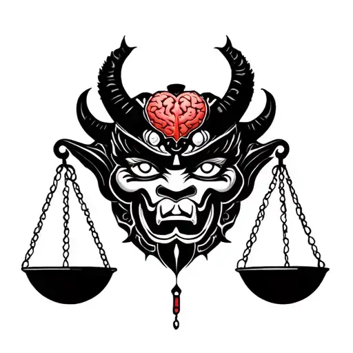 japanese oni mask and weight scale balance with heart and brain on the scale tattoo design idea