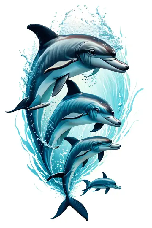 3 dolphins swimming. one is significantly bigger than other 2. the smallest is a little chuncky tattoo design idea