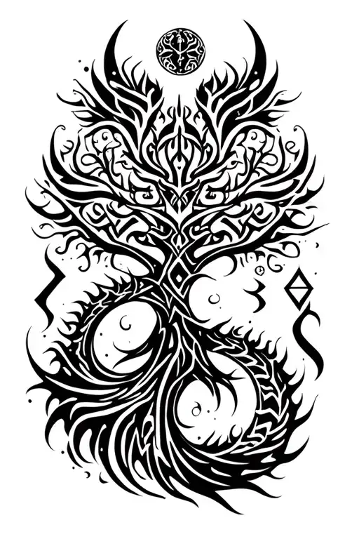 tribal design including army elements, tree of life, dna strand, goddess pagan moon sun, dragon tattoo design idea