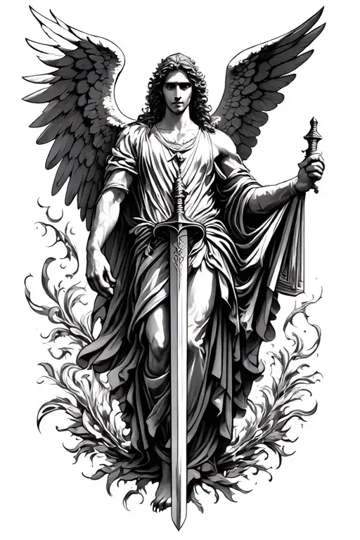 daedalus rising angel holding a sword tattoo design idea