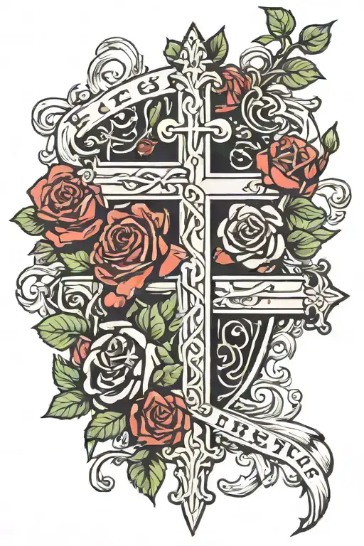 crosses and roses god first letter tattoo design idea