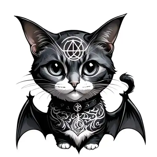 gothic cat with black eyes and pentagram engraved into forehead , fangs , bat wings , ling tail . collar sat on a creepy tattoo design idea