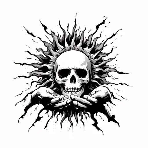 The bony figure holds the sun in his hands, but it burns his fingers, and black cracks are visible around it tattoo design idea