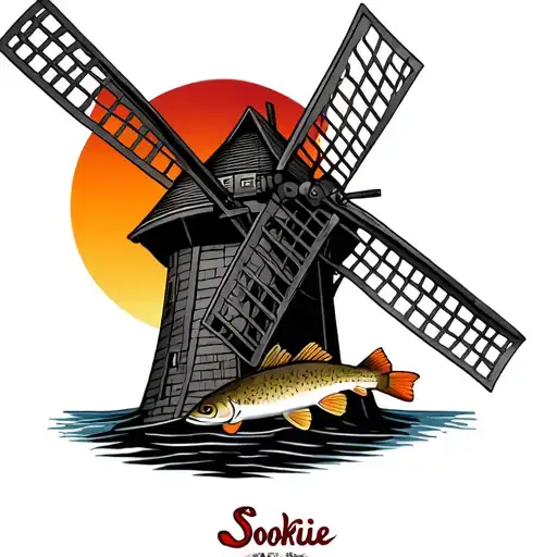 small holland windmill with a Turkey fan,  a sunset, a brown trout, a small 1985, the name Sookie hidden, Sault St Marie tattoo design idea