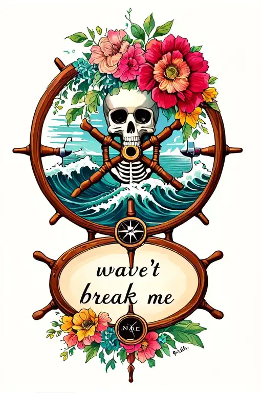 " waves won't break me" waves, ship, compass, anchor, flowers, wine, Mother, skeleton female ship wheel tattoo design idea