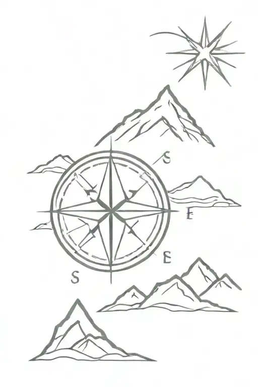 compass with mountains and bid dipper and sun tattoo design idea