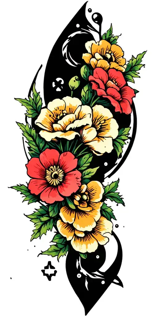 small sailor Jerry flowers surrounded by big black negative spaces embellished with micro twinkles and crosses  tattoo design idea