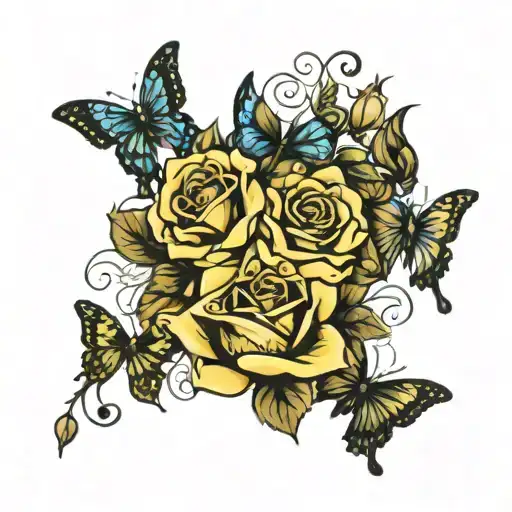 day of the dead yellow roses and butterflies  tattoo design idea