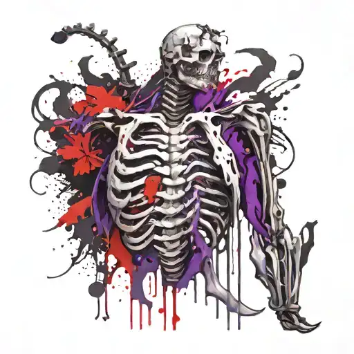  bloodied ribs and spine are visible and mechanical heart glowing purple tattoo design idea