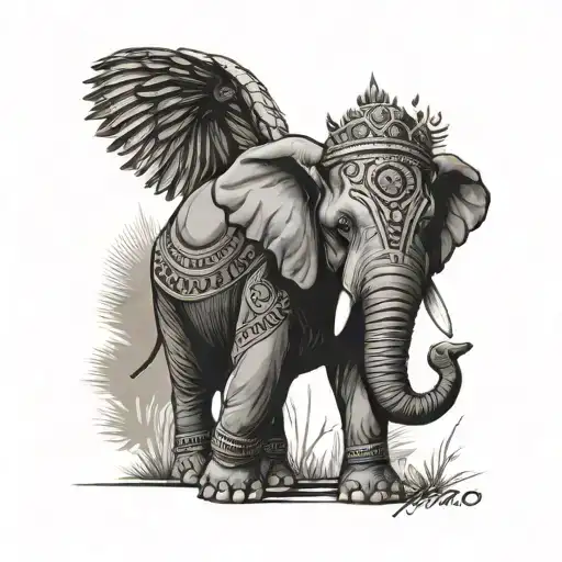 Indian elephant, spiked shoes, hurdler, first name Timéo and Eliott in a Maoui style tattoo design idea